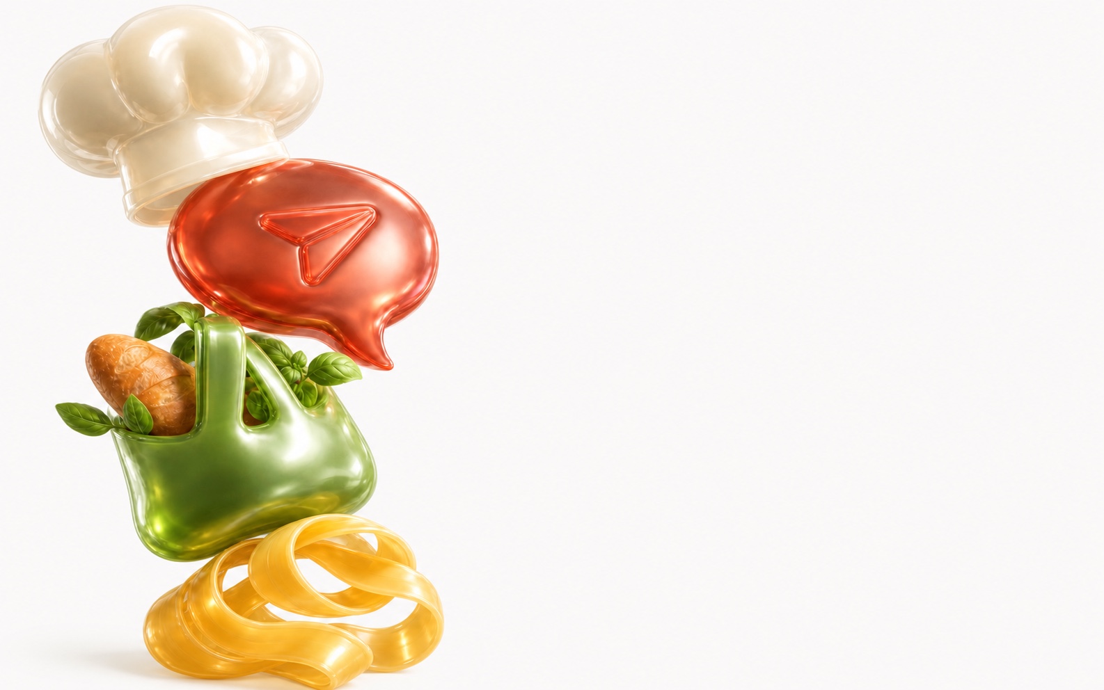 Glossy chef hat, direct message, grocery bag, and pasta sculptures