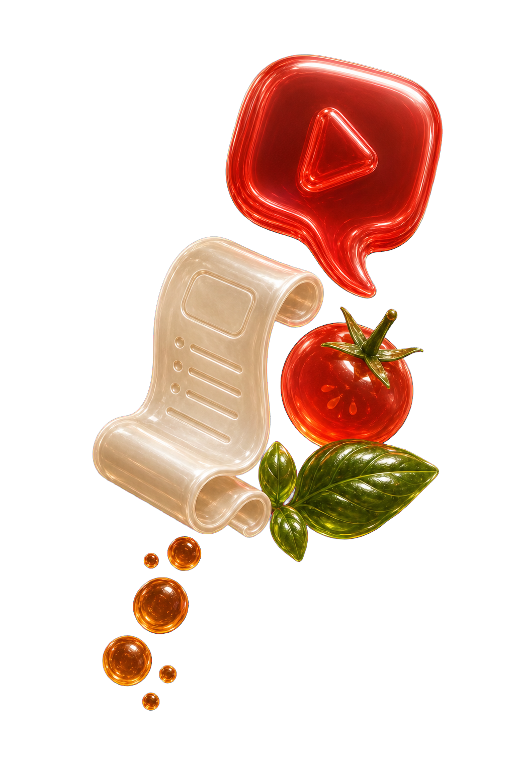 Glossy message bubble flowing into a recipe with basil and tomato sculptures